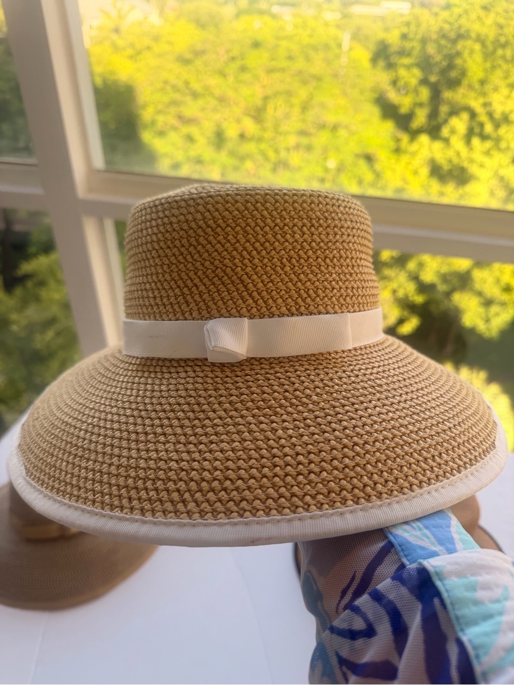 Eric Javits Tan Straw Sun Hat with White Ribbon
